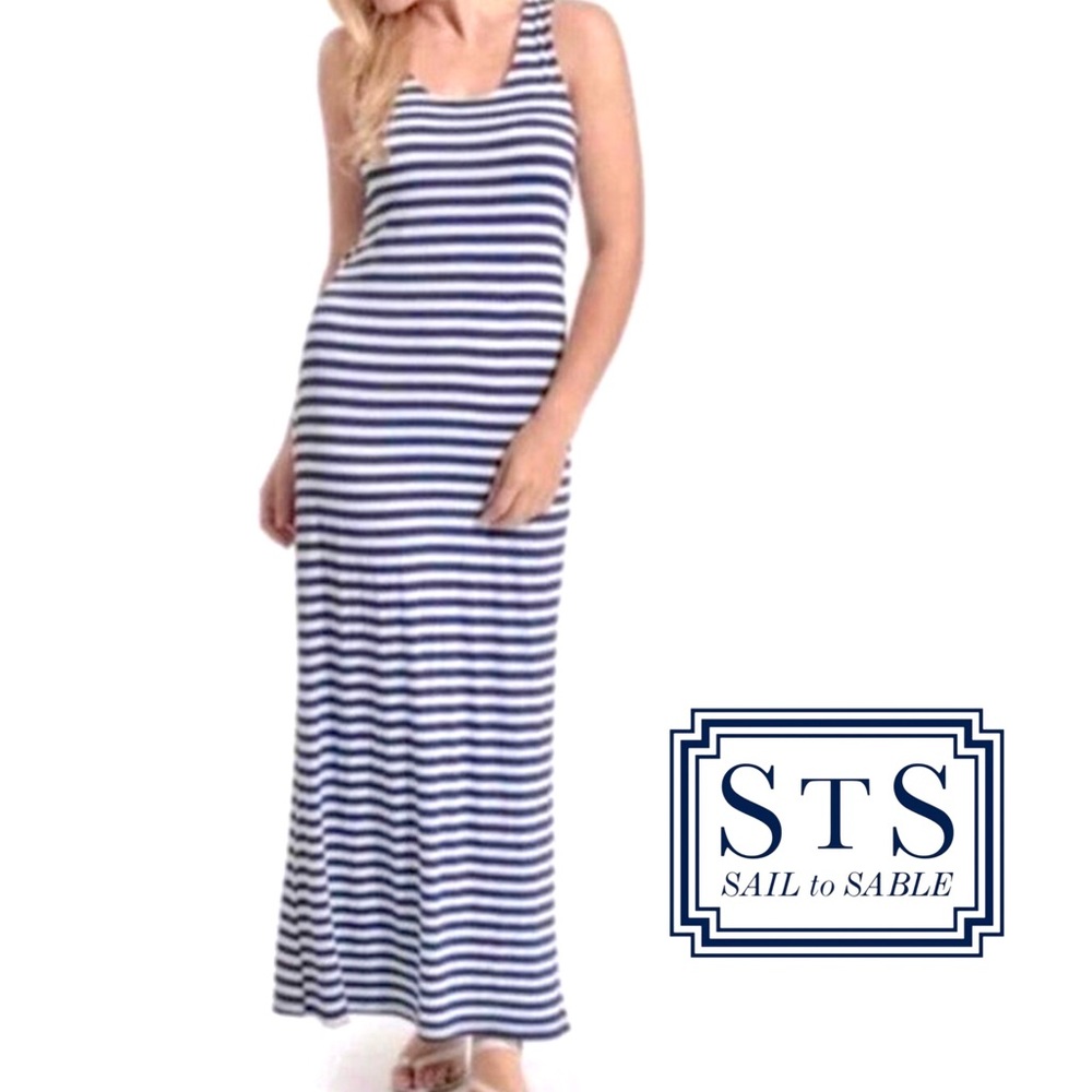 Sail To Sable | Navy Blue & White Striped Side Slit Racerback Maxi Dress